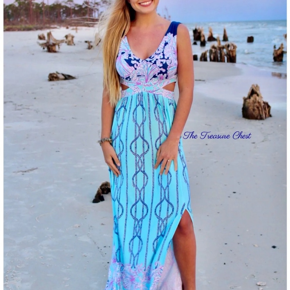 Lilly Pulitzer Marcia Maxi Dress 🦄 Aqua A Frayed Knot Size 2 - Picture 8 of 14